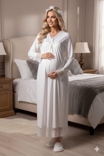 Effortt Ecru 100% Cotton Long Sleeve Lace Maternity Nightgown