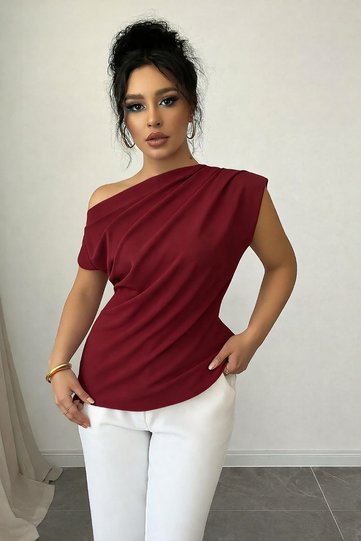 Burgundy Women's One Shoulder Detail Scuba Crepe Fabric Blouse