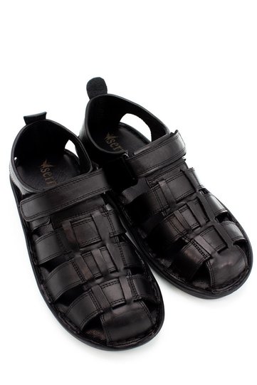 100% Genuine Leather Closed Toe Men's Sandals Black