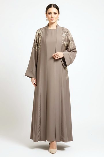 2 Pieces Premium Khaki Open Abaya Set With Inner Elegant Floral Embroidery Casual Muslim Abaya Dress