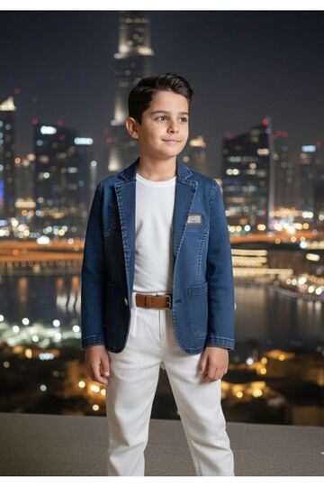 Boys' Denim Blazer Jacket and Linen Trousers Set, has a comfortable fit. (4 PIECES, BELT INCLUDED.)