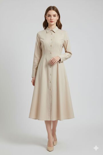Women's Shirt Dress Tunic Buttoned Long Sleeve Fabric Midi Length Slit