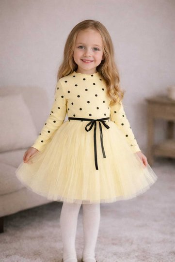 Linda Girls' Children's Princess Fluffy Tulle Dress Long Sleeve Polka Dot Stretchy Stretch Fabric Yellow Tulle