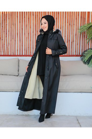 Women's Long Bondiet Fabric Double Pocketed with Fur Inside Insulated Coat Ozaltay