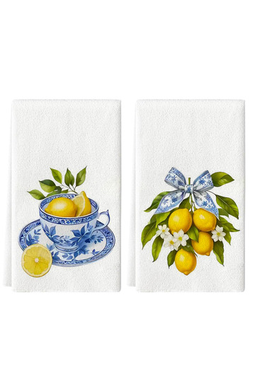 2pcs YELLOW 2Pcs, Fresh Lemon Blue and White Pattern Kitchen Towels, 40Cm*60Cm Towel Set, Super Abso