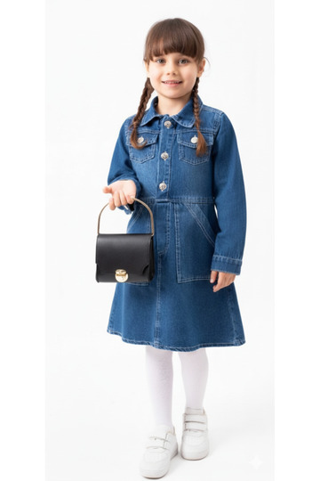 Girls' Long Sleeve Denim Dress with Bag