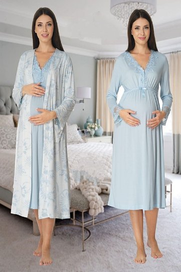 Effort Women's Blue Long Sleeve Maternity Maternity Nightgown Dressing Gown Maternity Set 8095