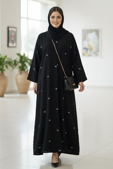 Elegant Black Embroidered Abaya For Women Modest Long Sleeve V-neck Maxi Dress With Hijab Style