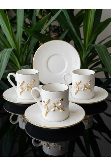 Flora Luxe Series Gold-Trimmed Porcelain Coffee Cup & Saucer – 4 Models with Floral and Butterfly Details
