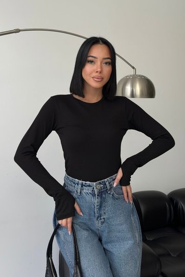 Women's Crew Neck Black Basic Slip-On Stretchy Body Cotton Finger Detail Blouse