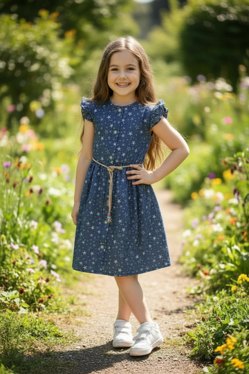 Girls' Printed Belt and Wooden Button Detailed Denim Dress