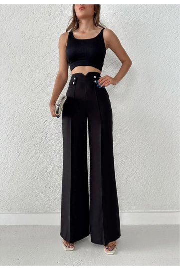 Women's Black High-Waisted Wide-Leg Palazzo Button-Detail Slim Fit Pants