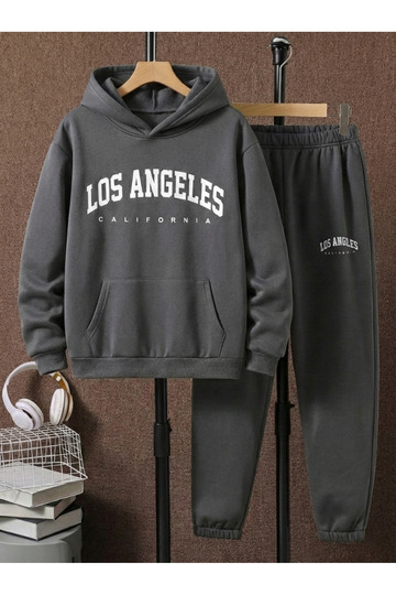 Daily 3 Thread Comfortable Los Angeles Printed Winter Thick Bottom Top Tracksuit Set