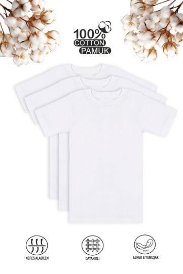 Özkan 0706 3-Pack Boys' 100% Cotton Ribbed Undershirt Flexible Comfortable Half Sleeve Closed Collar T-Shirt