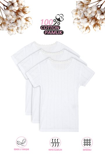 Özkan 42780 3-Pack Girls' Transfered 100% Cotton Ribbed Flexible Comfortable Short Sleeve Undershirt Undershirt