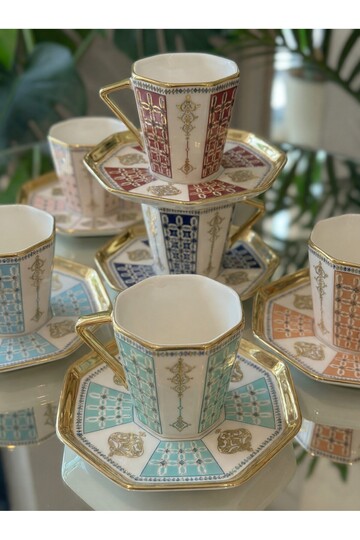 New Gold Embossed Patterned 6-Person Porcelain Coffee Cup Set