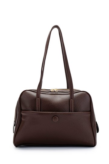Leather Rocky Women's Shoulder Bag with Front Pocket Detail Brown