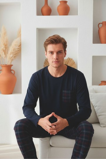Men's Long Sleeve Plaid Pajama Set with Pockets