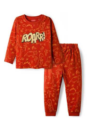 Cotton Knit Full Sleeves Co-ords Night Suit with Dino Print - Red