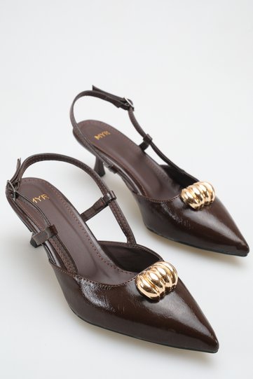 Women's Buckle Detail Heeled Shoes Dark Brown Yanki