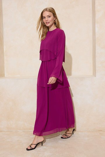 Fuchsia Layered Lined Silk Chiffon Lined Hijab Dress Tctss26Eb00002