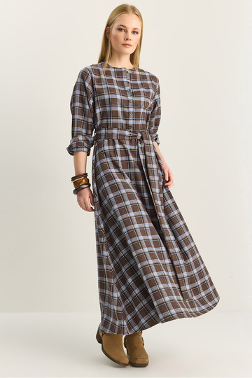 Women's Brown Blue Plaid Patterned Crew Neck Belted Flared Cotton Dress 5611 60283899