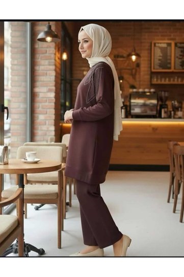 stone detailed jersey two-piece modest set
