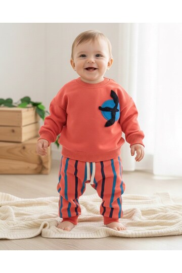 Baby Boy Seasonal Seagull Embroidered Sweatshirt, Striped Pants 2-Piece Bottom Top Set