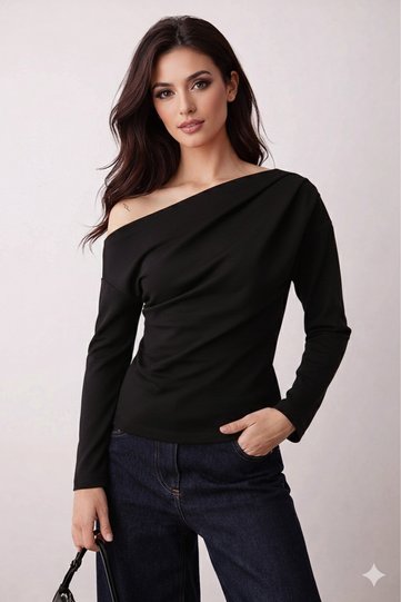 New Product Drape/Ruching Detail Flowy Neckline Knitted Crepe Fabric Long Sleeve Blouse 0031