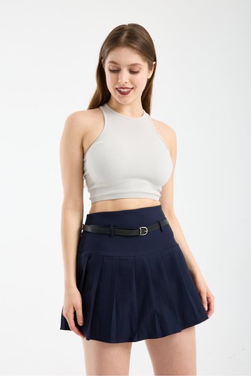 Women's Navy Blue Pleated Belt Detailed Shorts Skirt