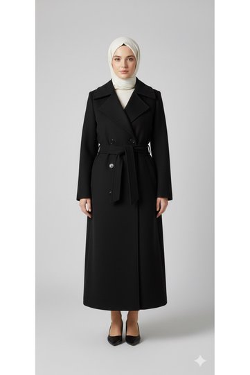 Women's Black Belted Long Cashmere Coat – Double-Breasted Collar with Buttons, Hijab Compatible