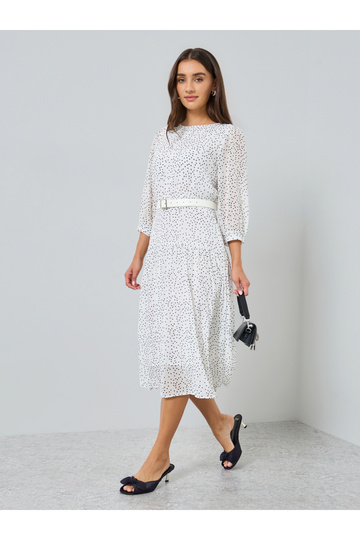 Women White Polka Dot Print A-Line Midi Dress