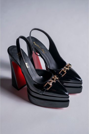 Black Patent Leather Double Platform Design Backless Women's High Heeled Shoes Pacha