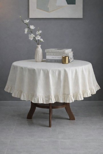 Linen Textured Ruffled Round Tablecloth – Natural and Stylish Design, Compatible with Modern & Classic Decor