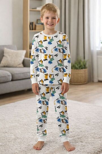 Child-Baby Printed Interlock Fabric Long-Sleeved, Elasticized Leg Pajama Set, 100% Cotton