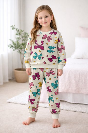 Girl's Two-Thread Beige Color Ribbon Patterned Long Sleeve Pajama Set