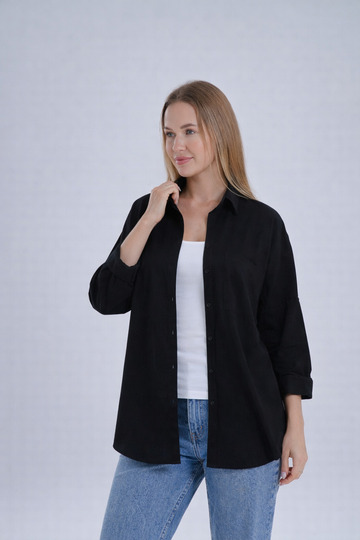 Black Flared 100% Cotton Linen Shirt