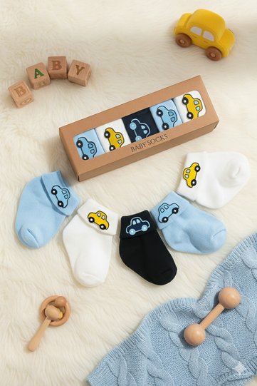 5 Pairs of Boxed Colorful Baby Boy Socks with Car Accessories