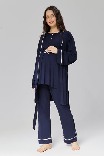 Navy Blue Maternity and Pregnancy 3-Piece Pajama Dressing Gown Set - White Piping Buttoned Cotton Set
