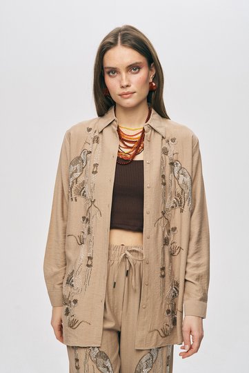 Women's Oriental Bird and Floral Beaded Oversized Shirt