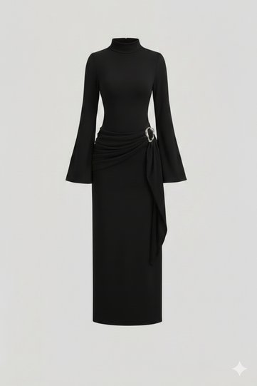 Black Women's High Collar Buckle Detailed Belted Slim Fit Long Trendy Design Dress