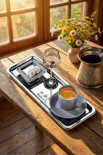 2 Piece Metal Rectangular Bi Coffee Presentation Set, Turkish Coffee Presentation Set, Tray, Gift Tray
