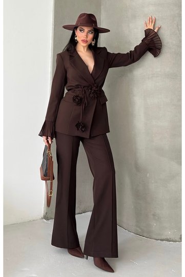 Women's Rose Detailed Sleeves Design Jacket and Trousers Set Brown