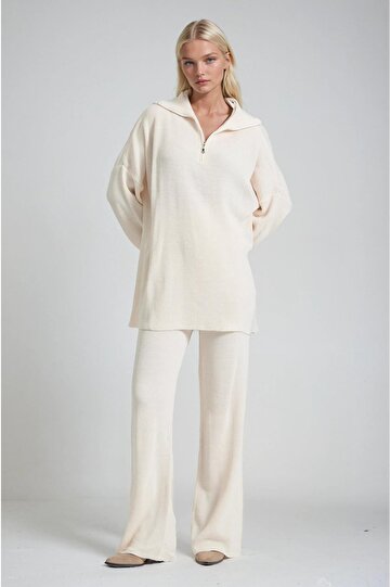 Zip Collar Long Knitwear Tunic & Wide Leg Pants Set 10318