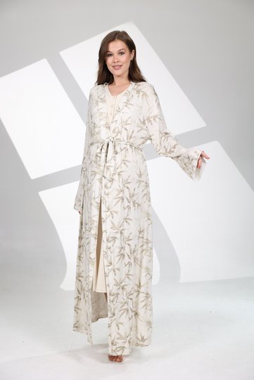 Leaf Patterned Maternity and Postpartum Set - Beige Nursing Nightgown and Long Robe Set with Belt