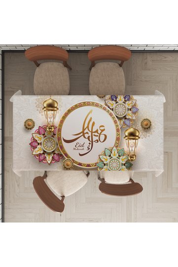 Ramadan Themed Eid Mubarek Linen Effect Decorative Seamless Tablecloth