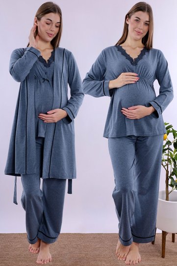 Effortt Indigo Maternity Pajama Set with Dressing Gown