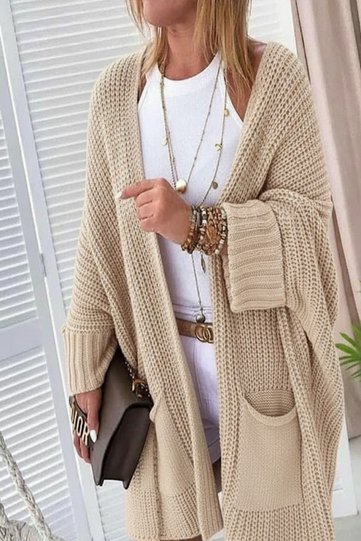 Oversize Beige Women's Long Pocket Knitwear Cardigan