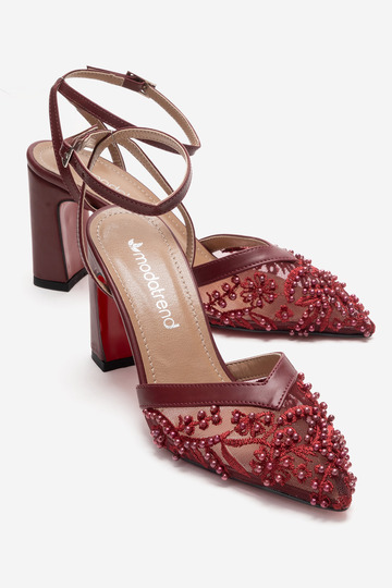Women's Mirrored Beaded Mesh Open-Back Heeled Shoes Bordo Skin
