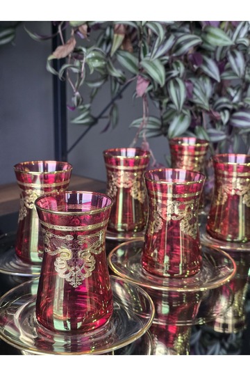 Handmade Crystal Elizabet Red Lustered 24K Gold Embellished 12 Piece Presentation Tea Set